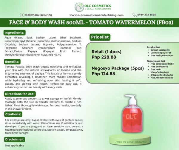 FACE & BODY WASH 500ML – TOMATO WATERMELON – OLC Cosmetics Manufacturing